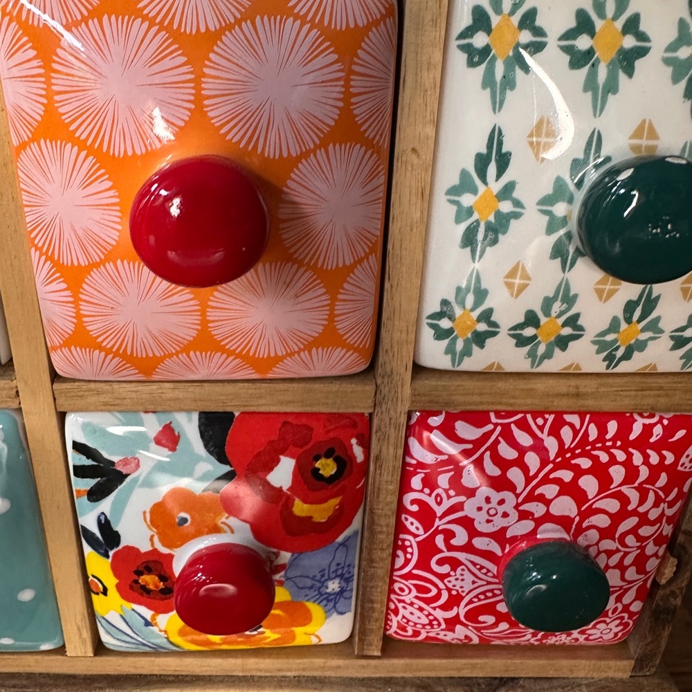 Pioneer Woman Flea Market Floral 6-Drawer Ceramic Spice & Tea Box Organizer Wood - Picture 6 of 10
